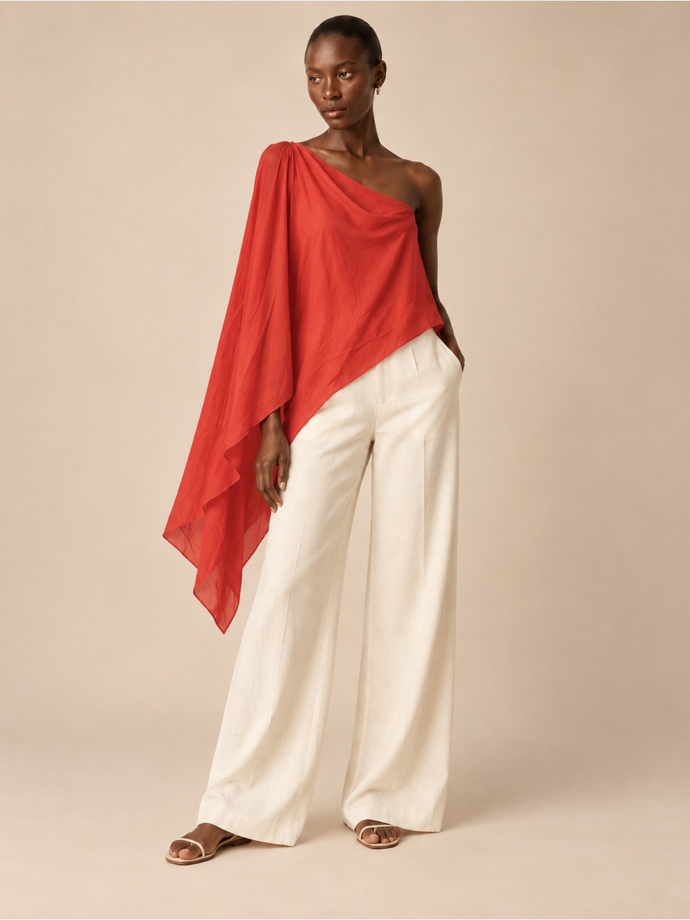 Zara Red Coral Asymmetric Flowing Cape One Shoulder Top NWT L